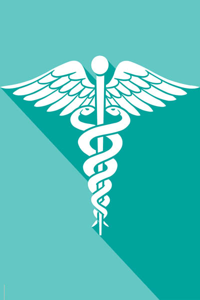 White caduceus on a teal background