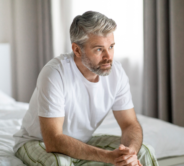 Pensive adult man sitting on bed at home