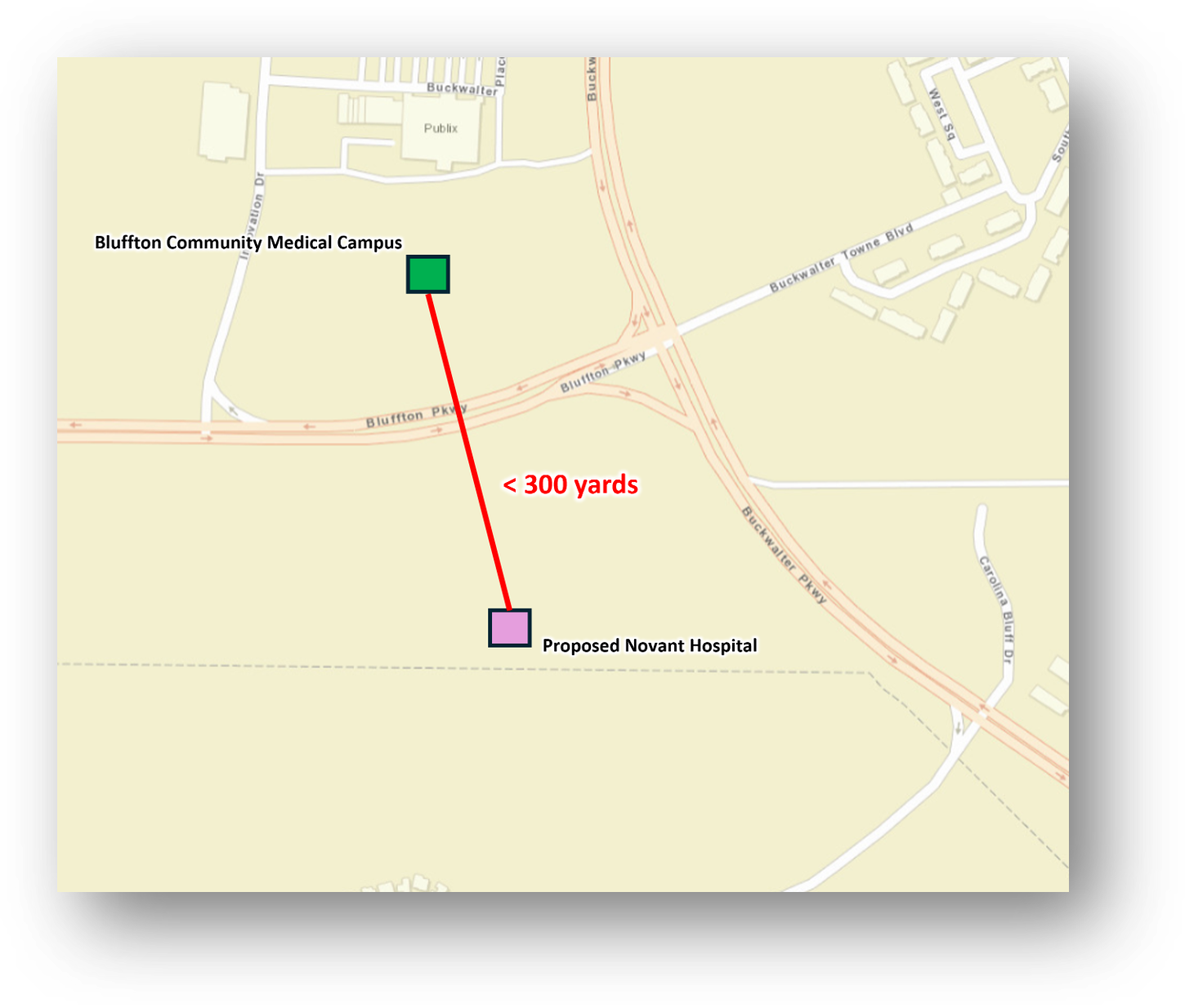 Map showing close proximity of the proposed Novant hospital in Bluffton to Beaufort Memorial Bluffton Community Medical Campus property