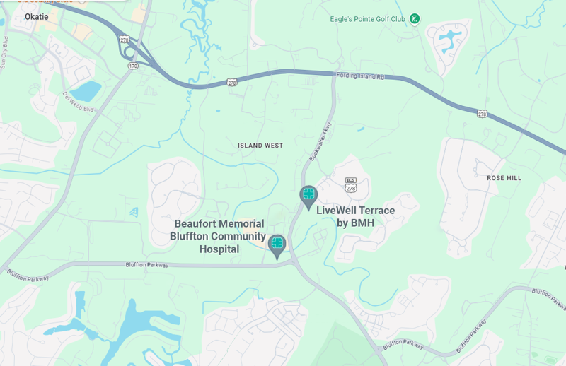 map showing location of LiveWell Terrace and Bluffton Community Hospital