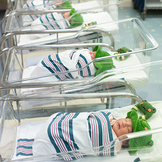 Five infants in a row of bassinets with crocheted green frog hats and crocheted rattles