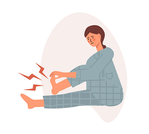 A graphic image of a woman sitting with feet outstretched and lightning bolts coming from her feet to indicate pain.