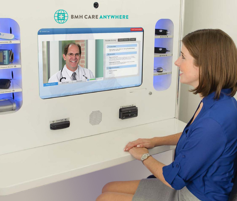 woman at Walk-in Care kiosk available at select Publix Pharmacy locations