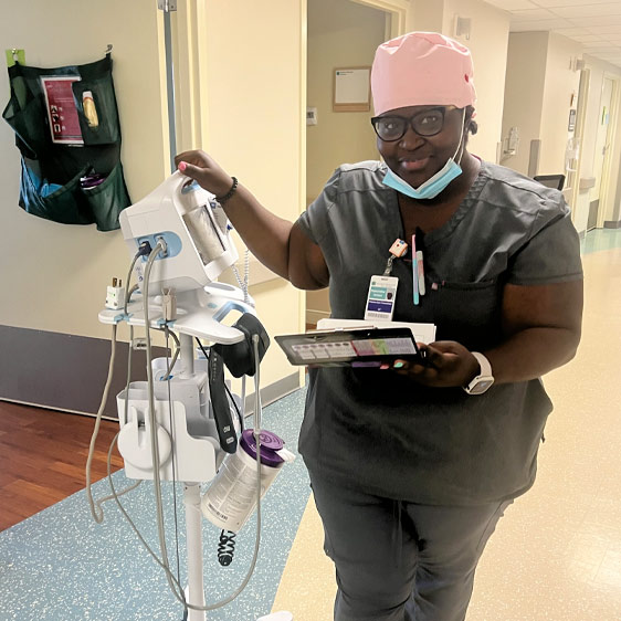 Hyacintha Gordon photographed in scrubs in a hospital