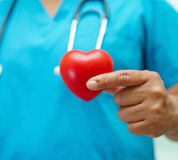 A health care provider wearing blue scrubs and a stethoscope holds a red toy heart.