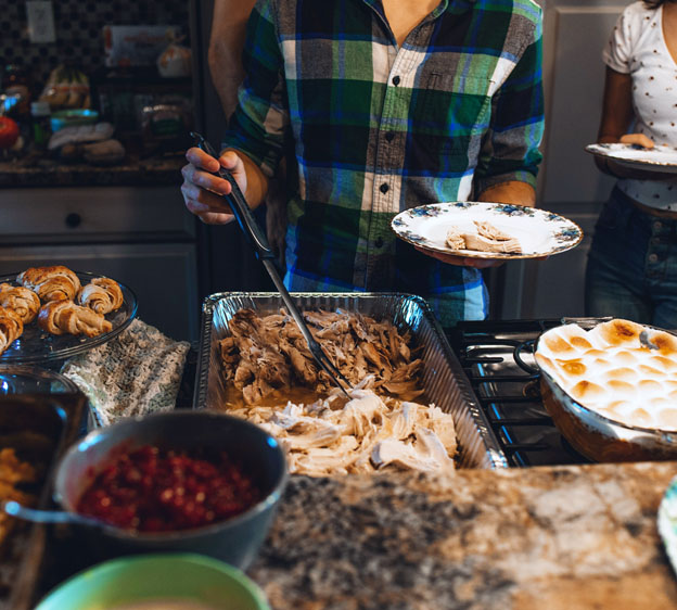 buffet line with holiday foods