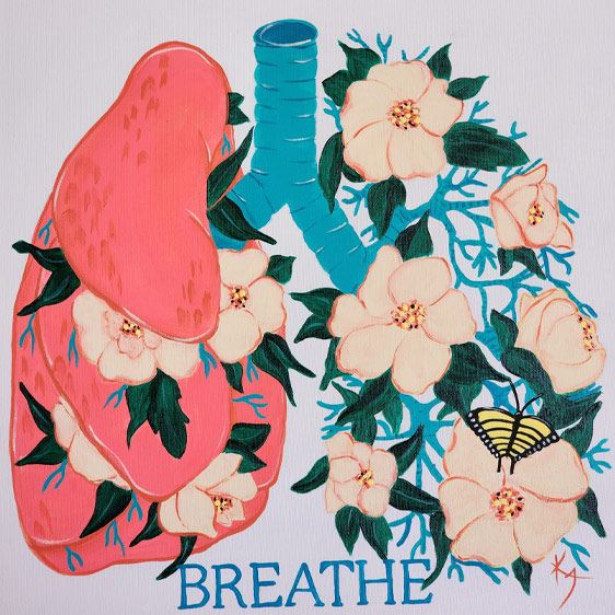 Hand-painted image of lungs colored red and blue with peach flowers growing out of it and one yellow and black butterfly on the bottom right with the word breathe on the bottom