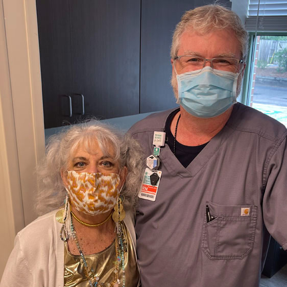 Barbara Ottaway with Beaufort Memorial radiation oncology nurse Richard Burleson