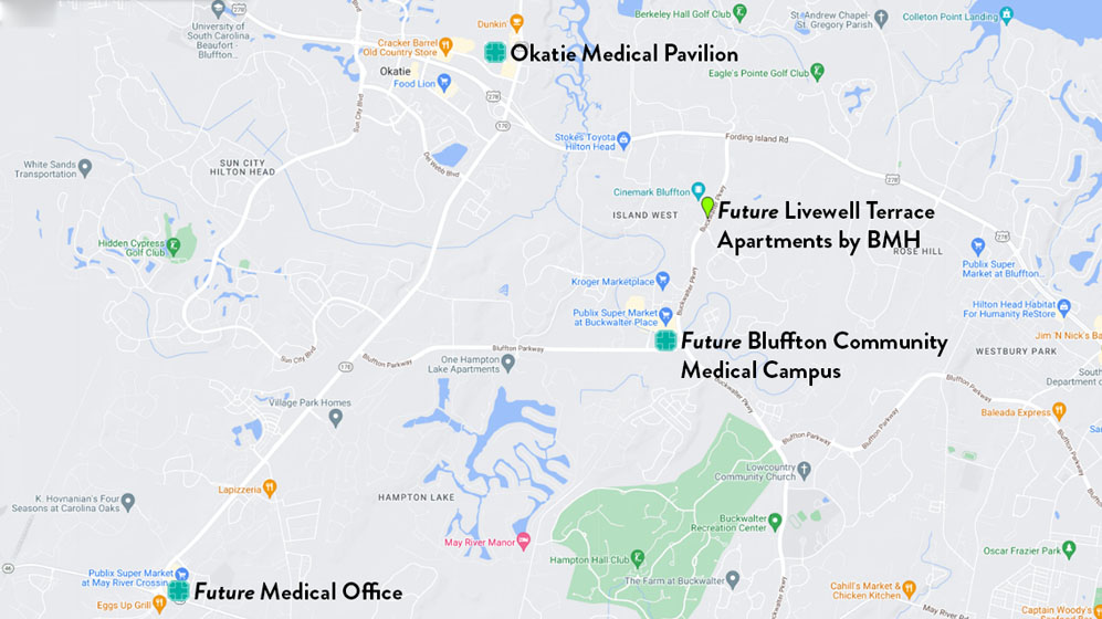 map of Beaufort Memorial facilities in Bluffton, SC, area